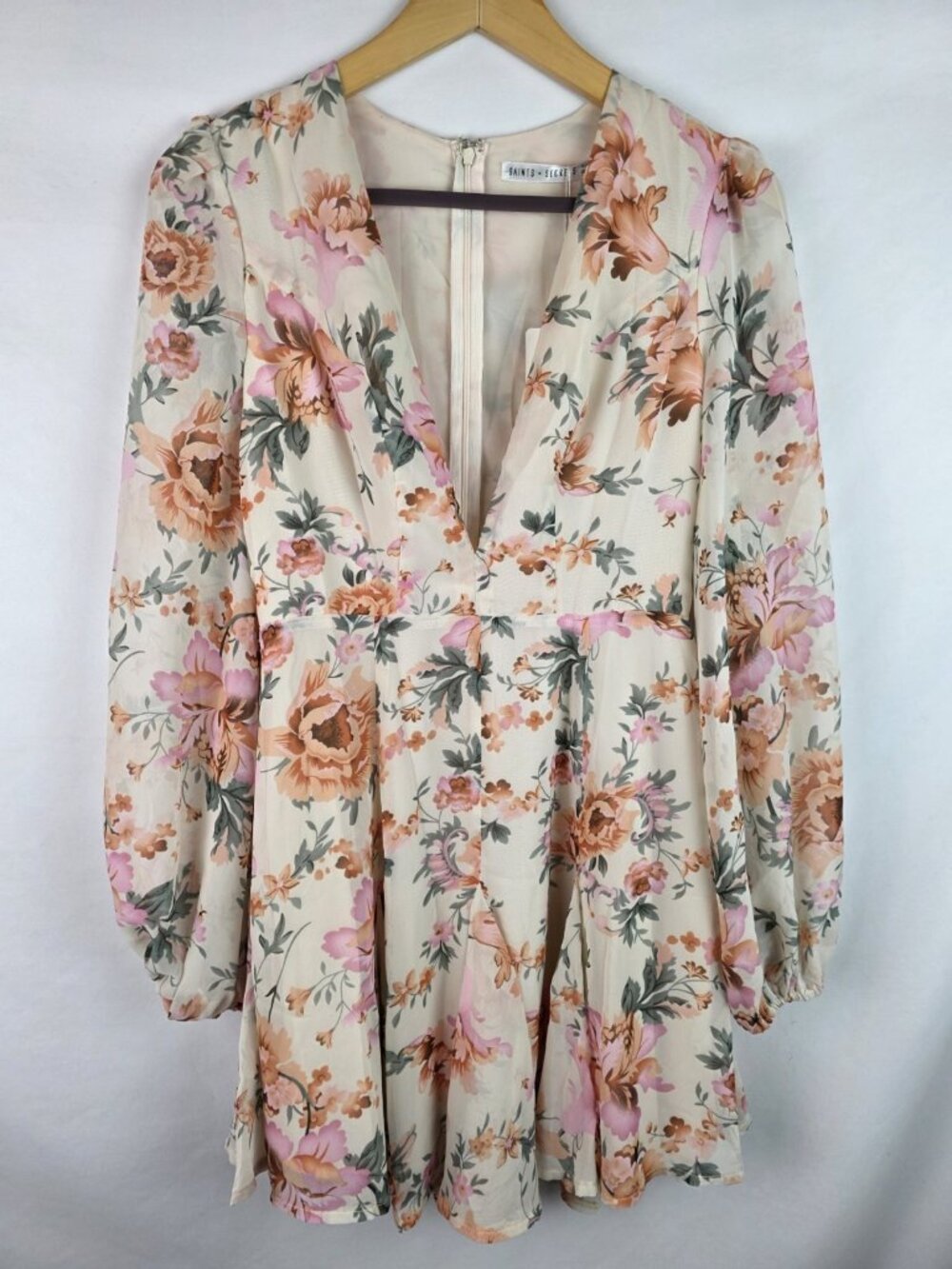 Saints & Secrets Women's Dress Size XS Pink Floral Long Balloon Sheer Sleeves